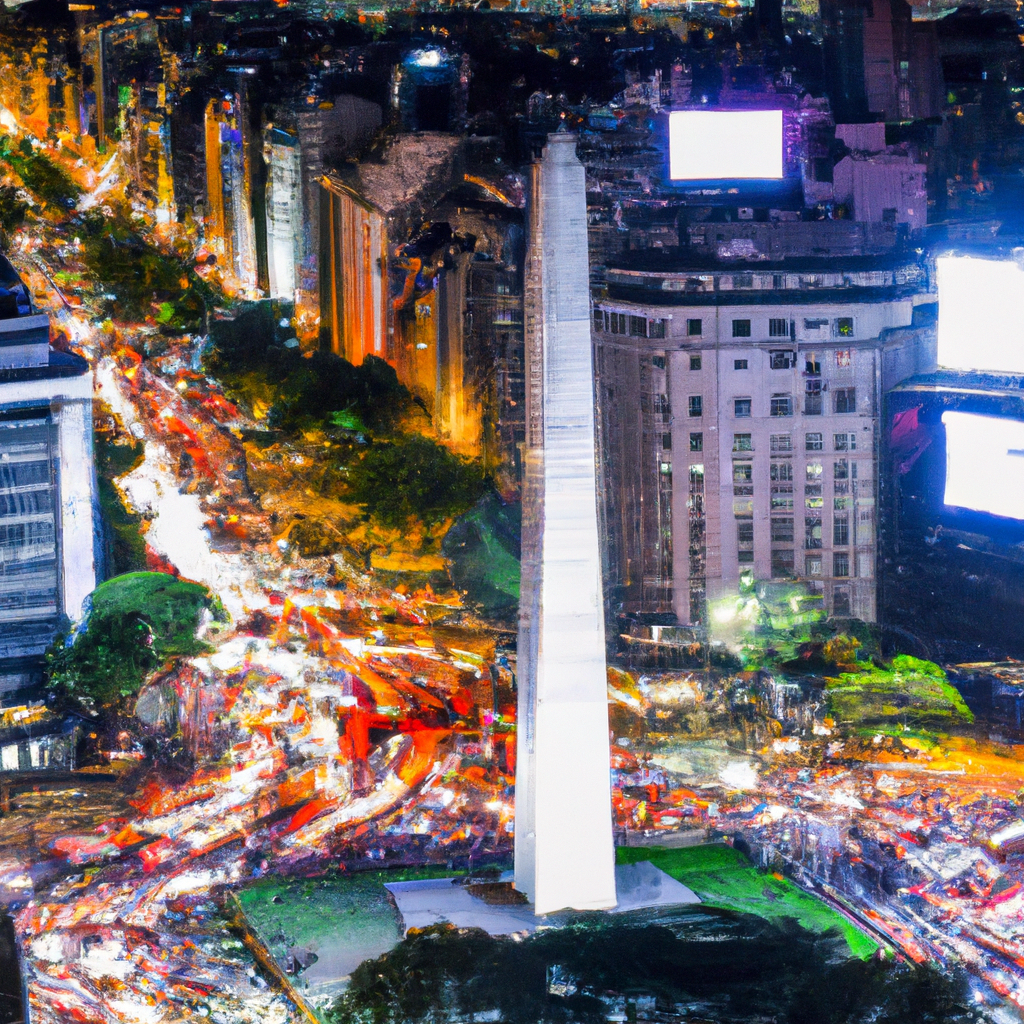 Buenos Aires de noche con el Obelisco: energía de medios y comunicación